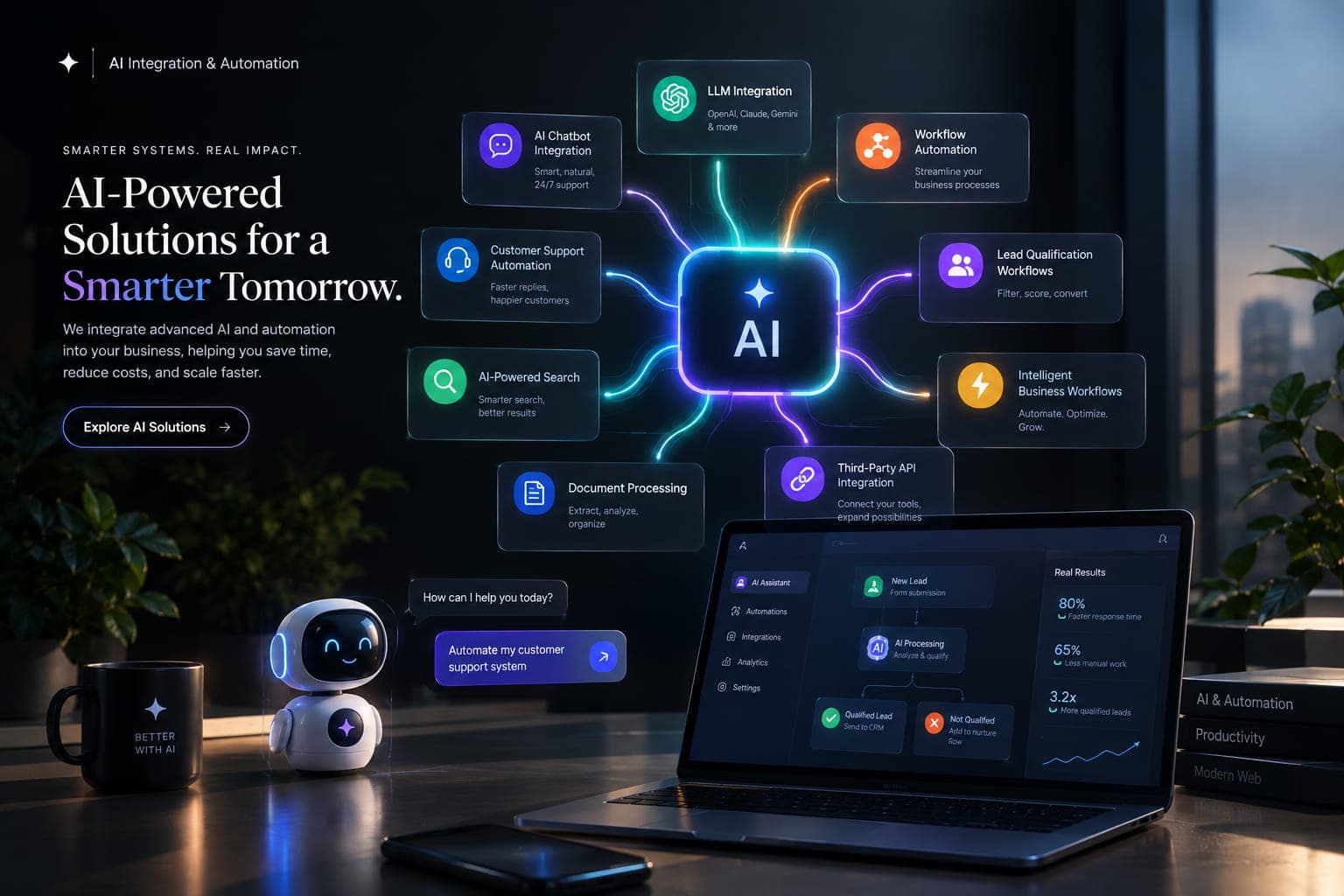 AI workflow diagram with connected tools, a chatbot interface and automation nodes