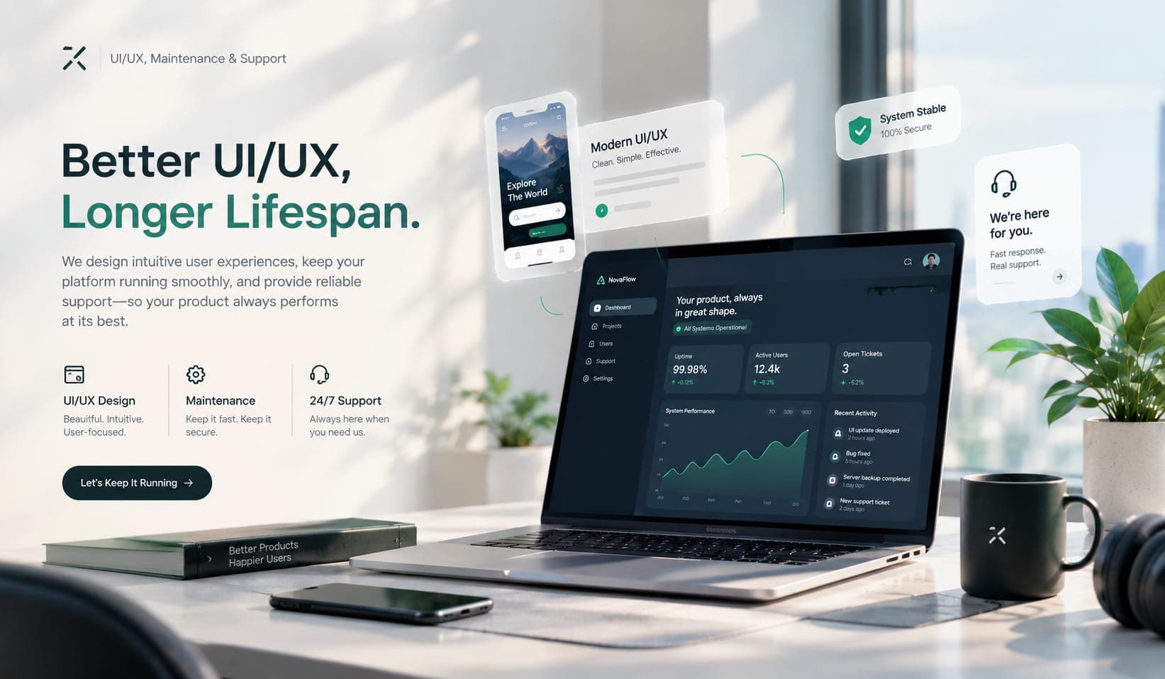UI design system with responsive website screens and component previews